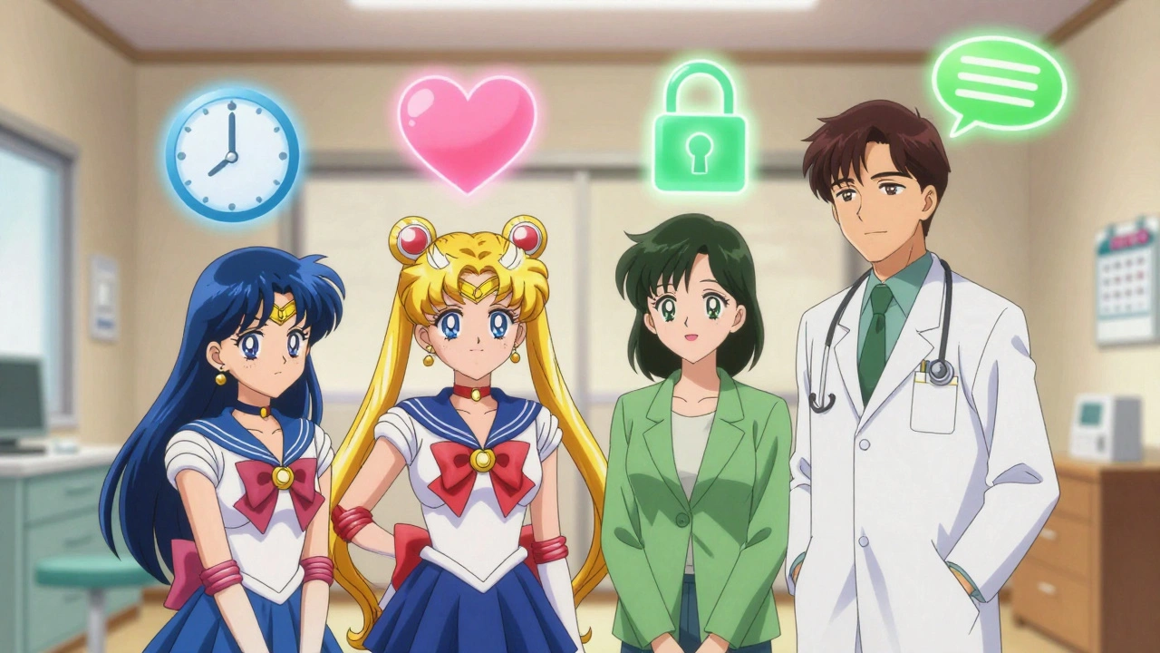 A teen, parent, teacher, and doctor sit together in a clinic, each glowing with colored auras and symbolic icons.