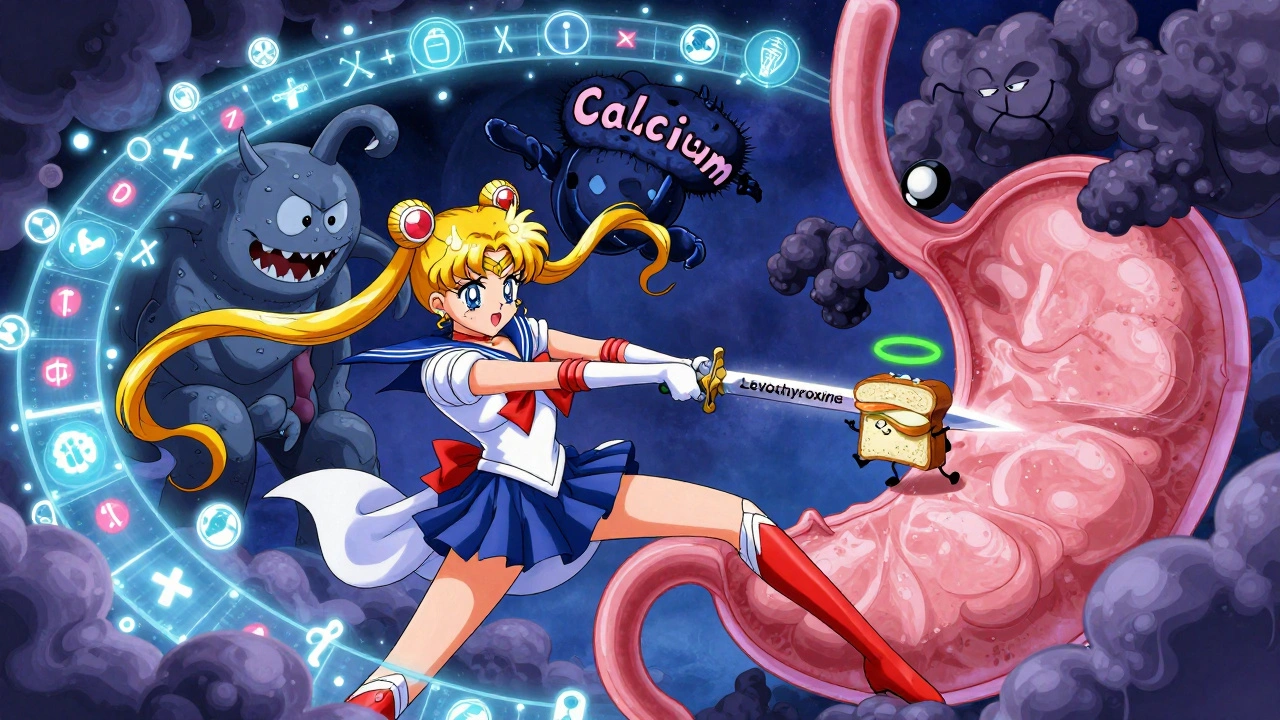 A warrior battles calcium monsters inside a glowing stomach, aided by a peanut butter sandwich in a manga battle scene.