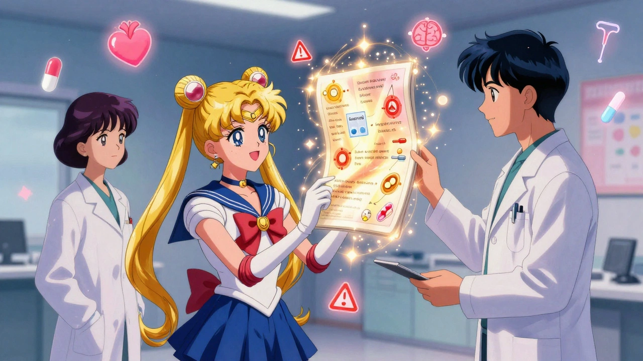 A woman consults with two doctors as a magical chart of safe medications floats between them.