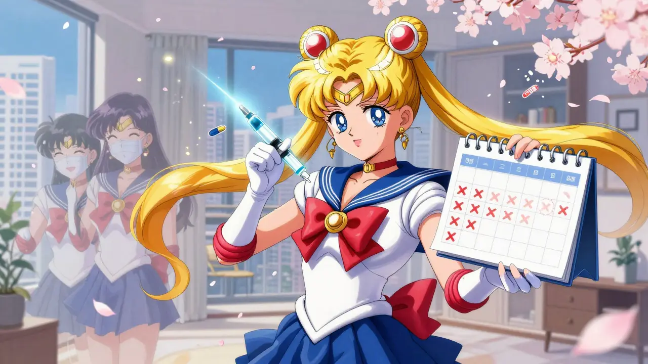 A woman holding a glowing injection pen as her past pain-filled selves fade into petals.