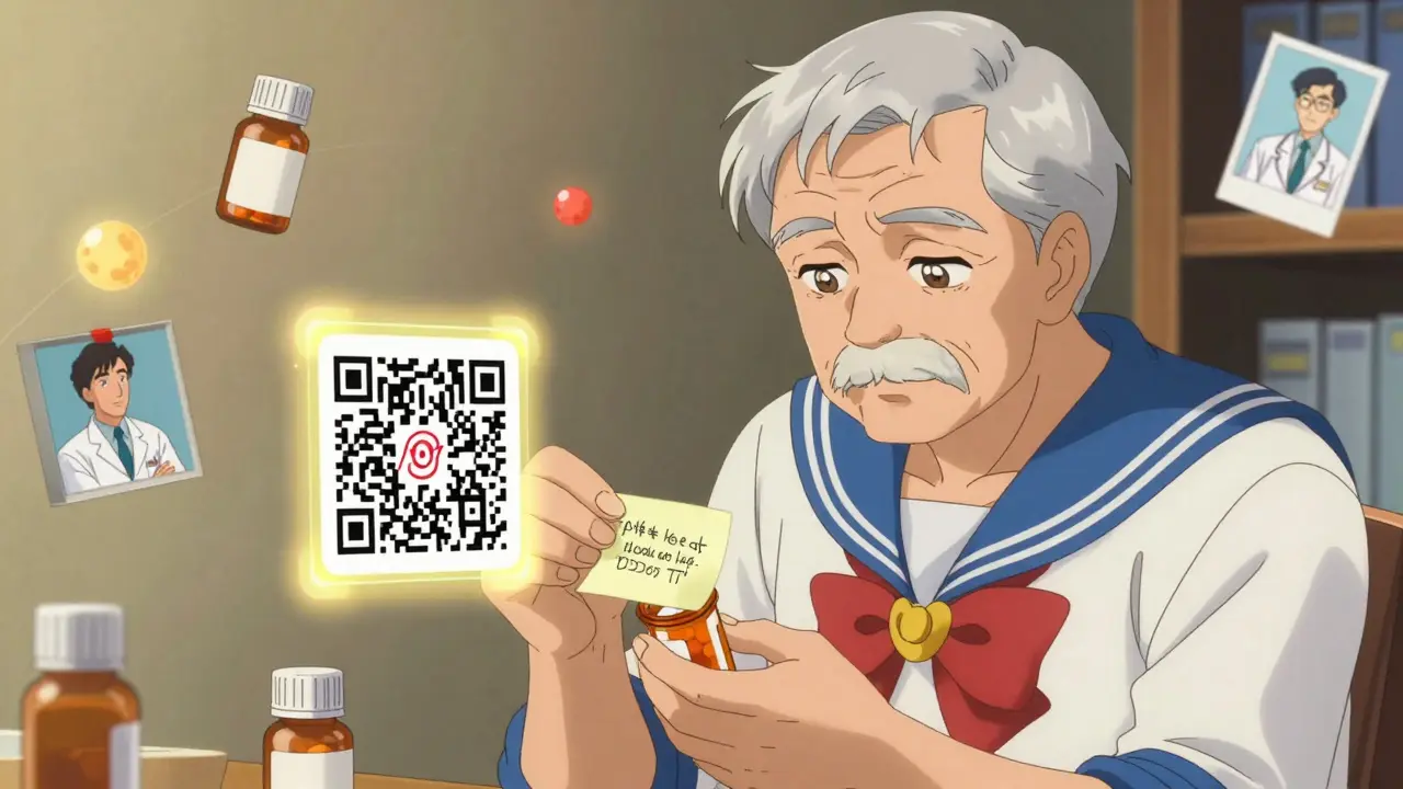 An elderly man labels a pill bottle with a glowing QR code projecting safety instructions.