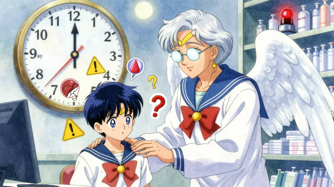 An elderly pharmacist guides a teen as warning symbols float around them, a clock counting days from 1 to 10 in the background.