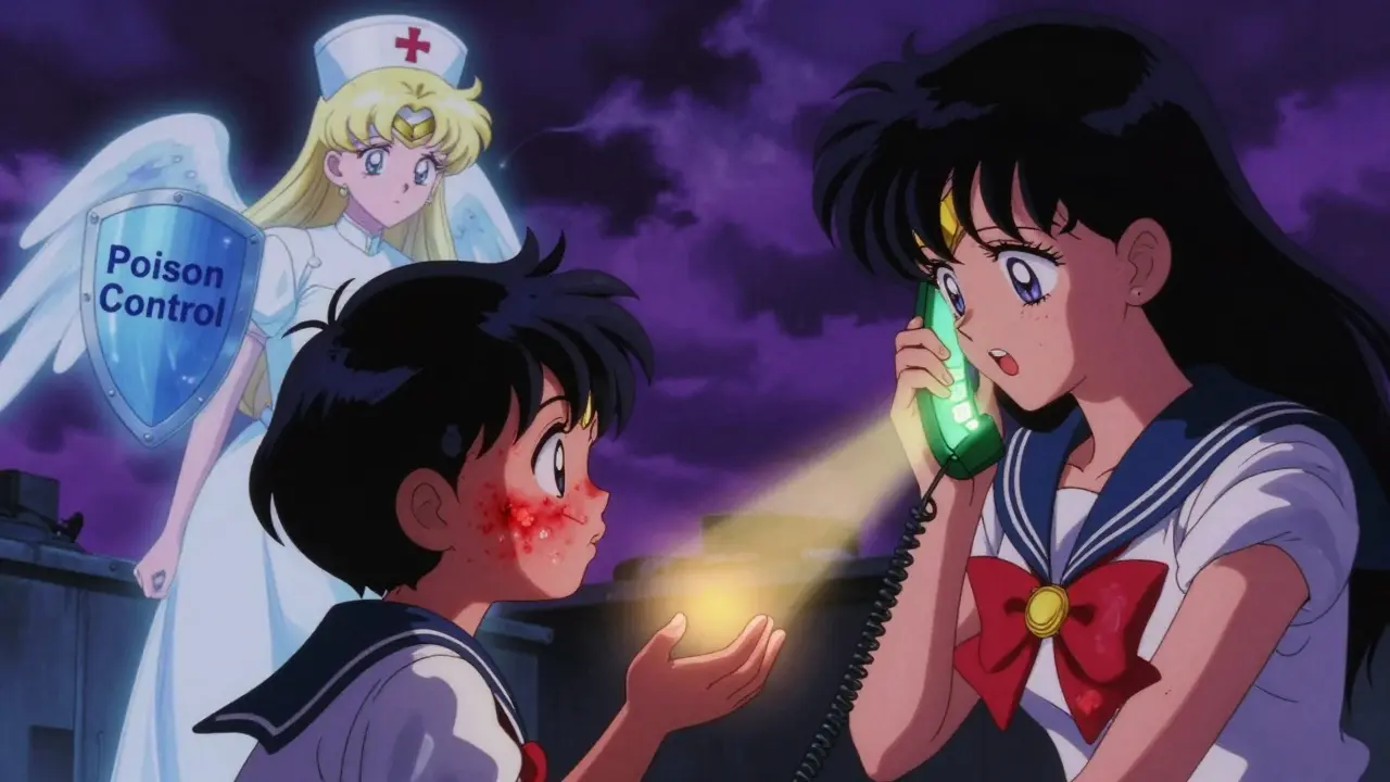 Child with glowing hives as mother calls Poison Control, angelic nurse appears in background.