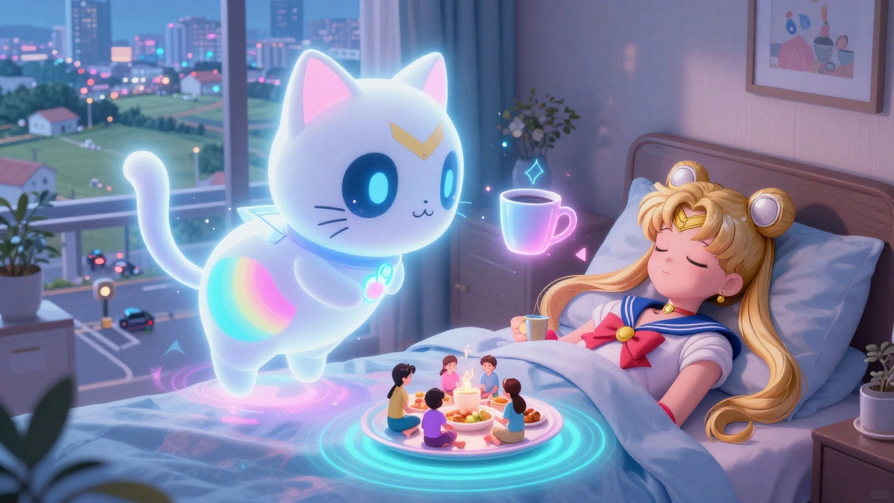 Cute AI cat spirit analyzing sound environments in a home, glowing zones for noise levels, user sleeping peacefully nearby.