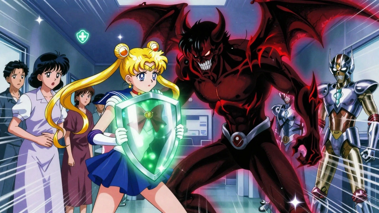 Dabigatran demon confronting nurse and heroes representing safer anticoagulants in a hospital setting.