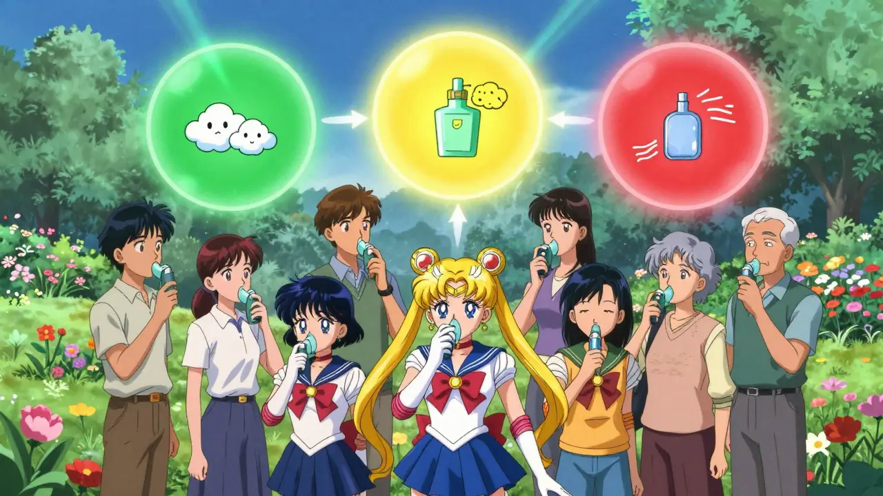 Diverse group holding inhalers, surrounded by floating asthma action plan zones in glowing green, yellow, and red.