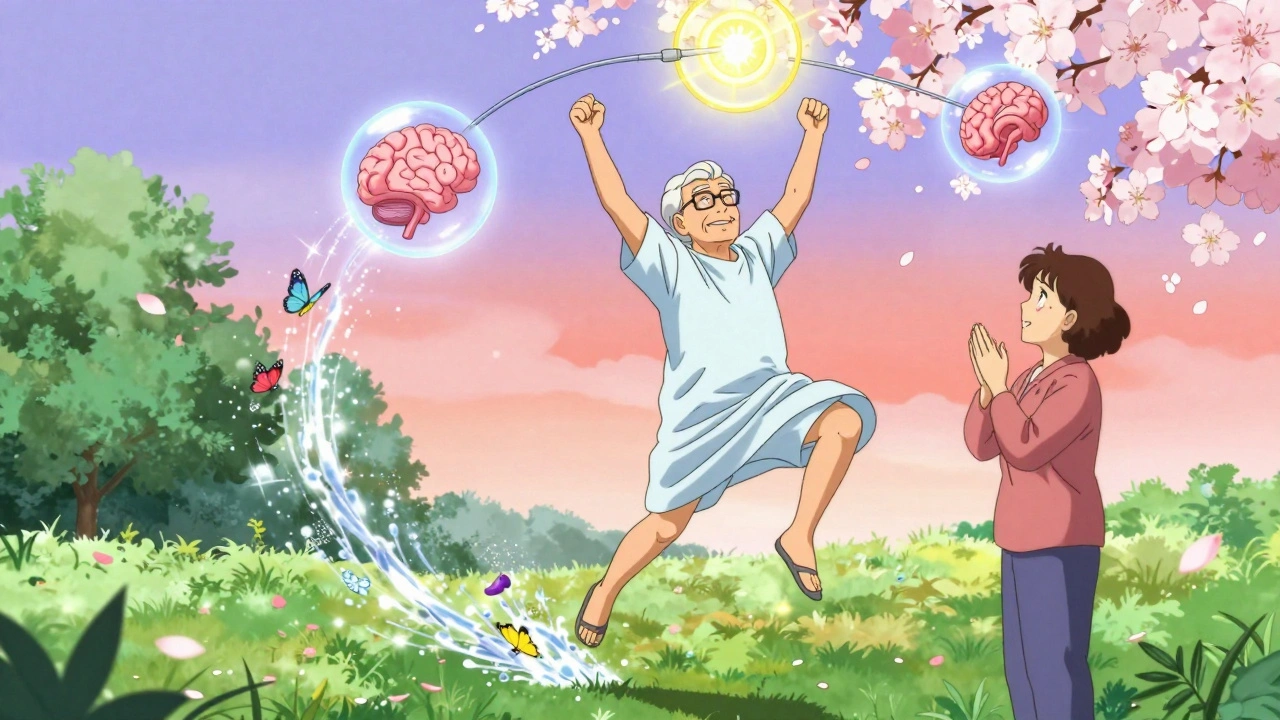 Elderly man joyfully walking in a garden after shunt surgery, surrounded by butterflies.