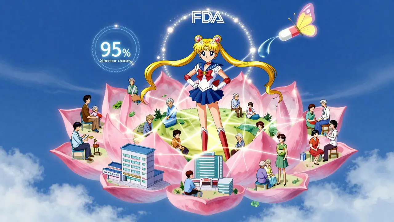 Floating lotus-shaped community hub where patients connect through light threads, symbolizing support and adherence.