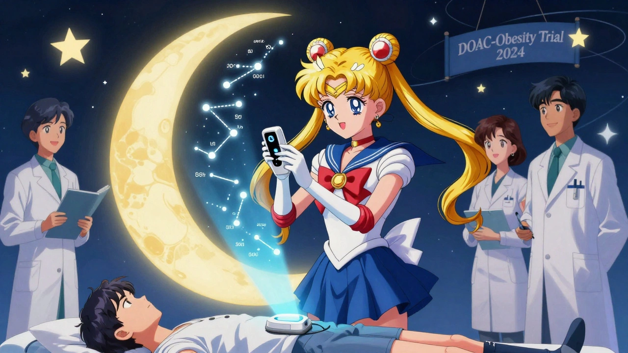 Moon-shaped device measuring drug levels for an obese patient, with floating data and scientists observing.