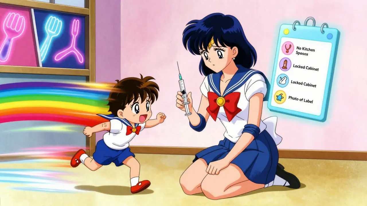 Mother calmly holding a syringe as child zips around the room with rainbow motion trails.