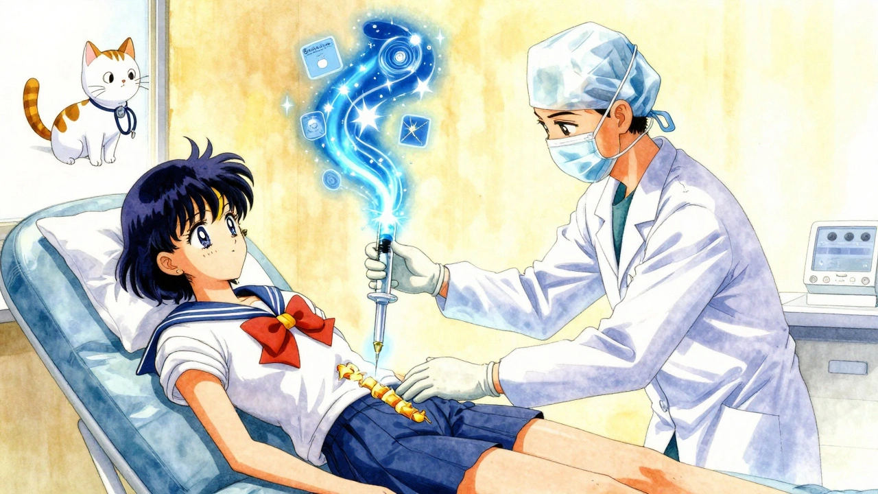 Neurosurgeon performing a glowing CSF tap test with celestial diagnostic icons.