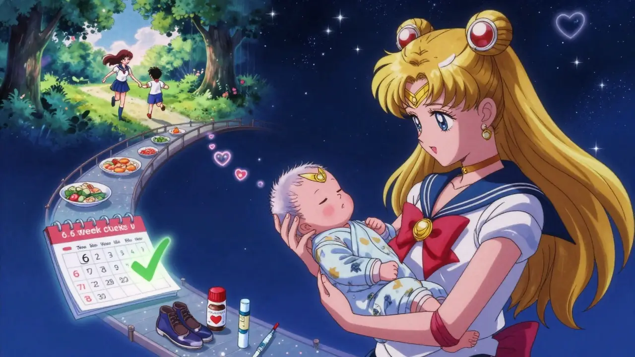 New mother holding baby under stars, with a path symbolizing healthy future habits.