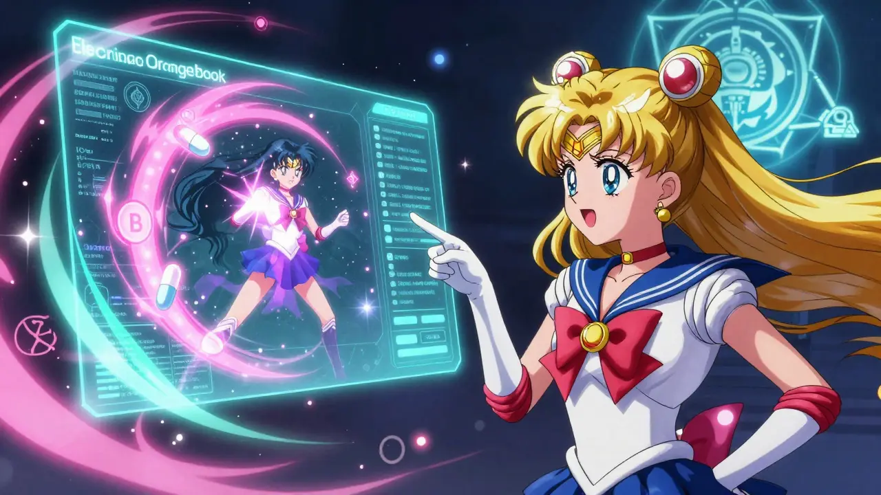 Patient and holographic Orange Book screen showing AB-rated pill defeating a shadowy B-rated pill in anime style.