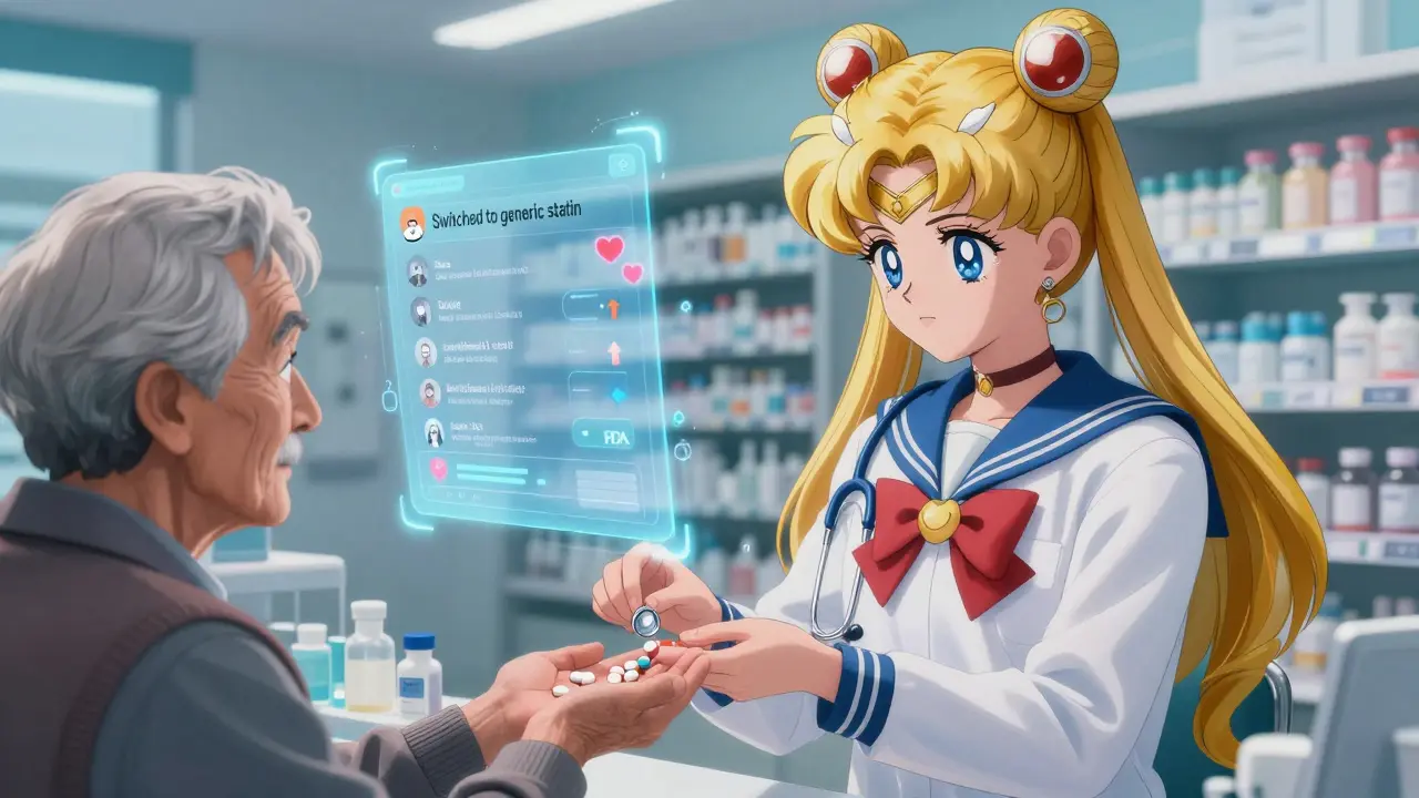 Pharmacist giving a generic pill to an elderly patient, with FDA and JAMA charts glowing beside them in a warm pharmacy.