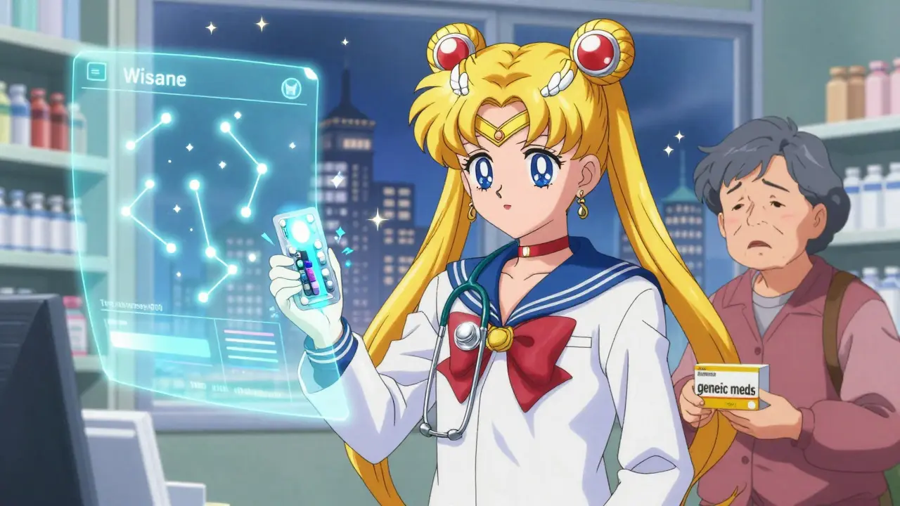 Pharmacist holding a pulsing electronic pill pack, with floating adherence data as shimmering constellations behind her.