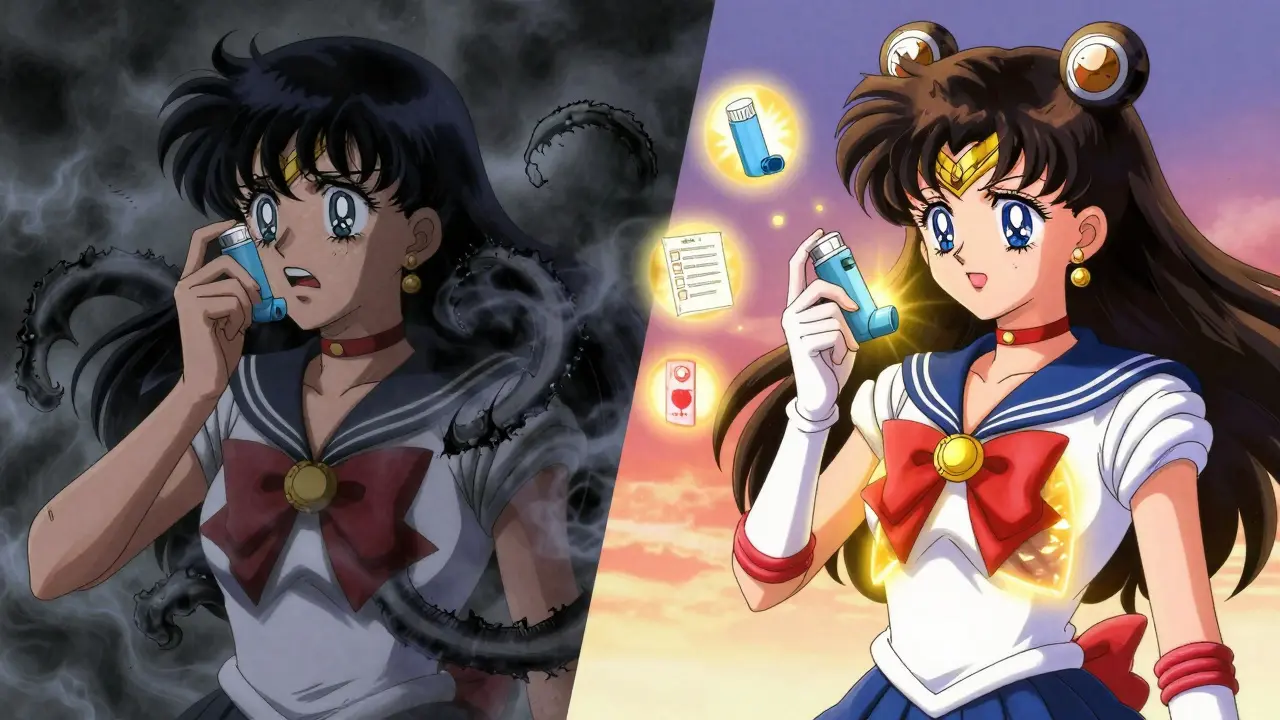 Split scene: one side shows asthma struggle with dark smoke, the other shows calm with golden light flowing through lungs.