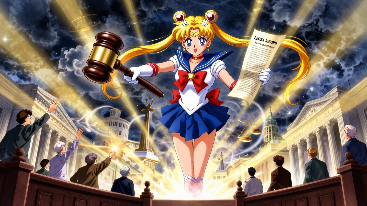 The Supreme Court hovers above a storm of federal and state laws, with citizens reaching toward beams of golden light.