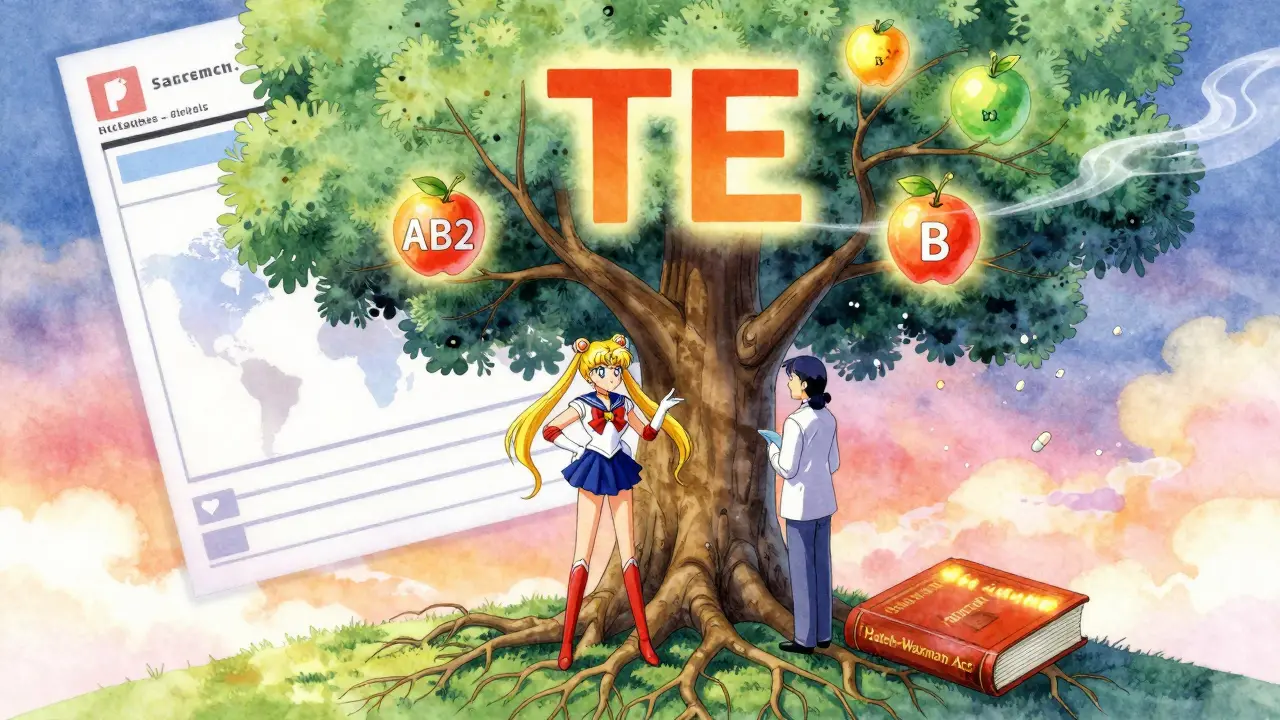 Therapeutic Equivalence Tree with glowing TE code fruits under a pharmacy-shaped sky in anime style.