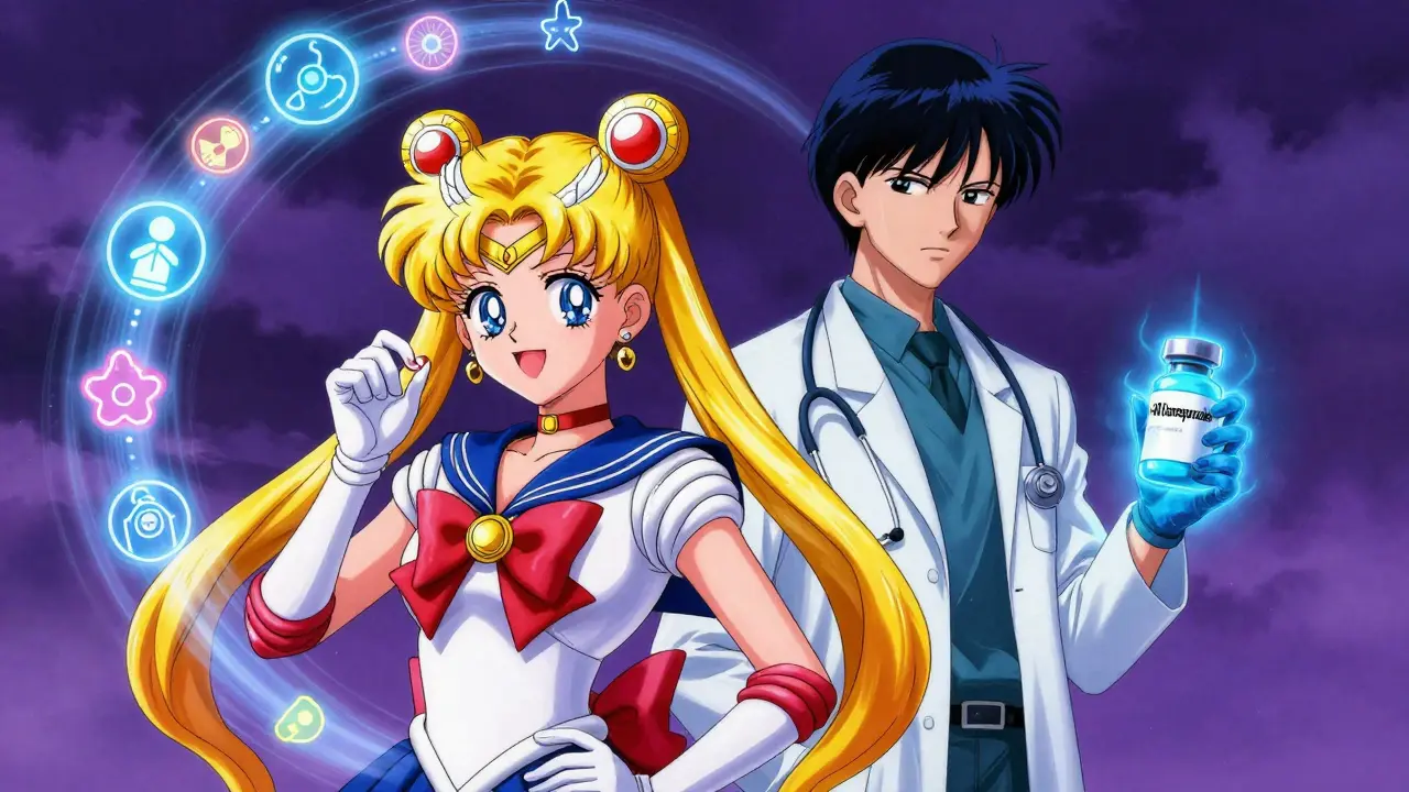 Two characters contrast OTC and prescription meds with glowing energy, one cheerful, one serious, medical symbols swirling.