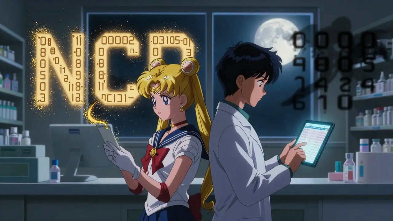 Two pharmacists verifying an NDC code under a glowing moon, digital display transforming digits in anime style.