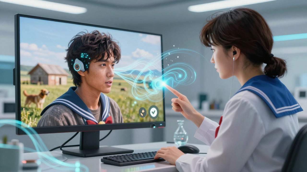 Video call between audiologist and rural patient, digital light threads connecting hearing aids with real-time sound adjustments.