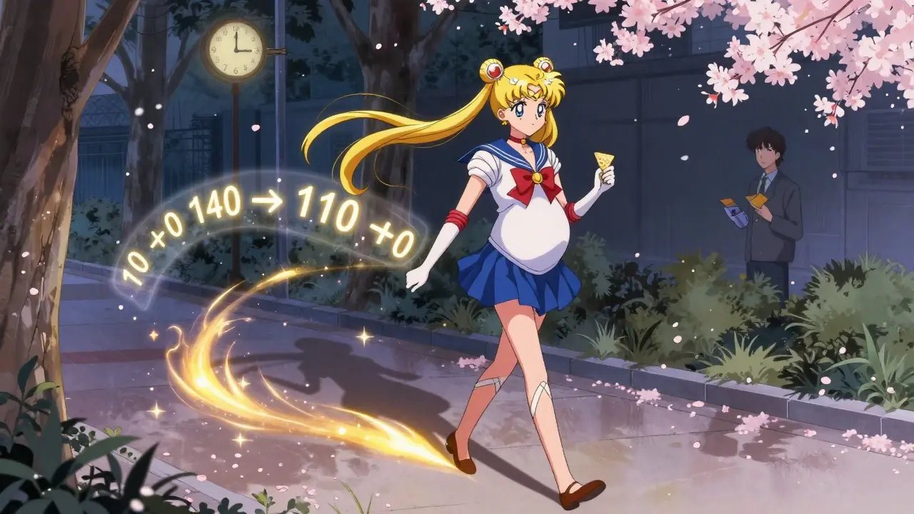 Woman walking after dinner with glowing blood sugar numbers trailing behind her.