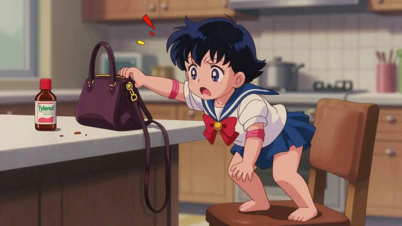 A child climbs a chair toward a purse with spilled medicine on the kitchen counter.