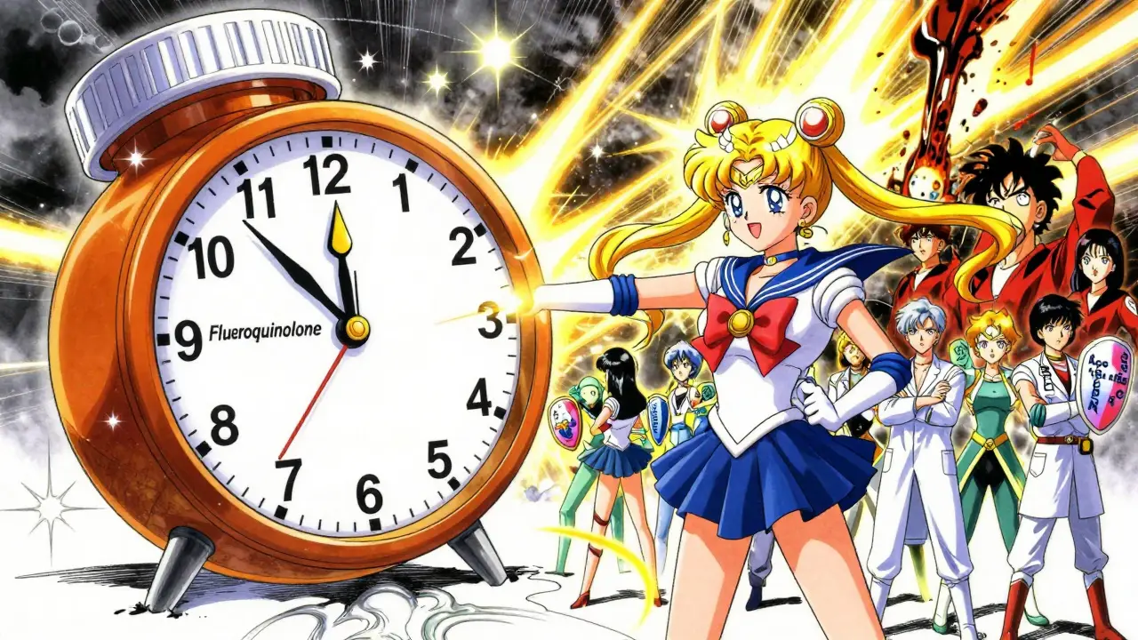 A clock made of prescription bottles ticking backward as doctors shield patients with safer medicine symbols.