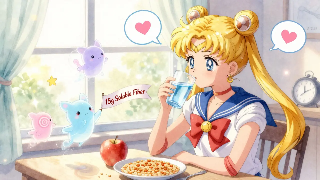 A girl enjoys a fiber-rich breakfast with friendly fiber spirits dancing around her.