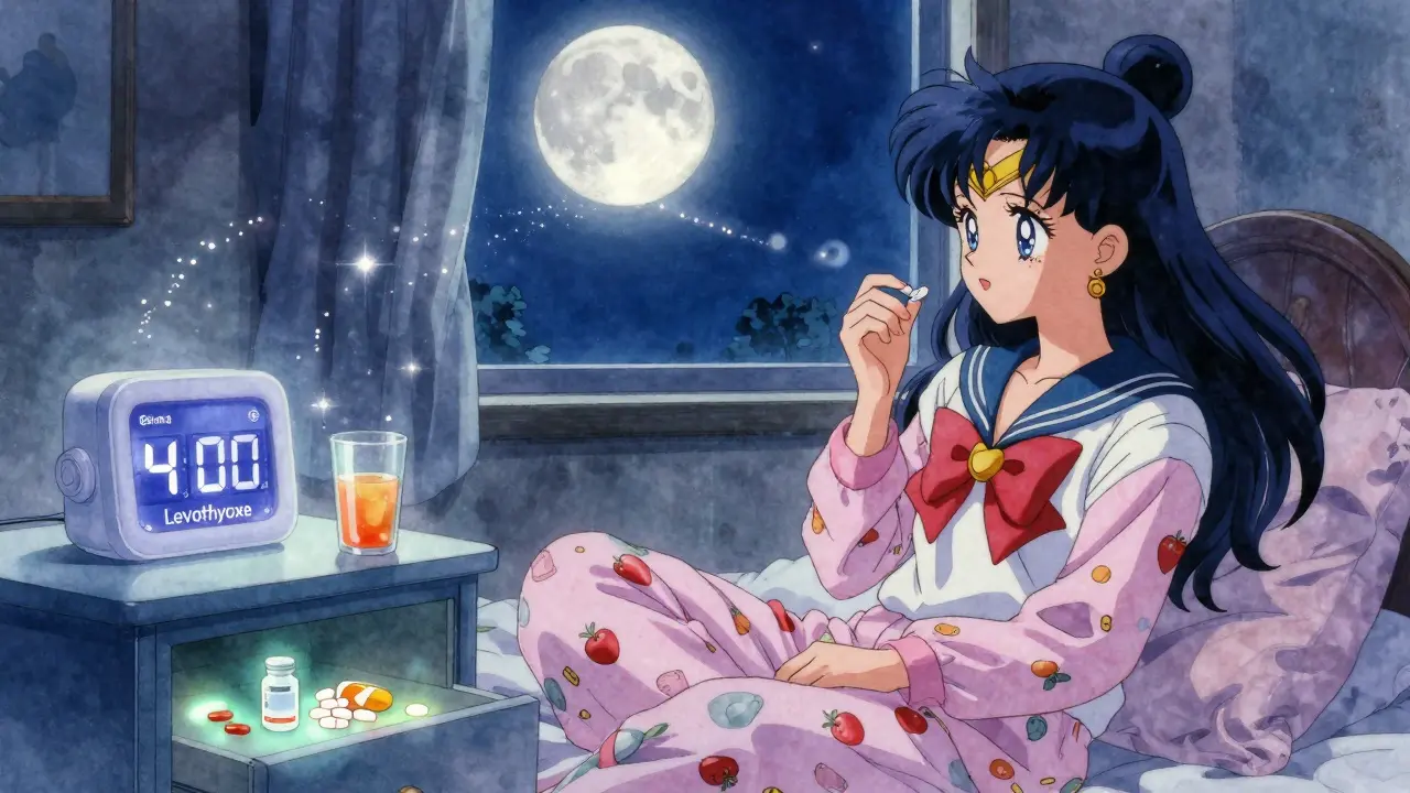 A girl taking thyroid medication with apple juice at night, iron supplements glowing in a drawer, under moonlight in anime style.