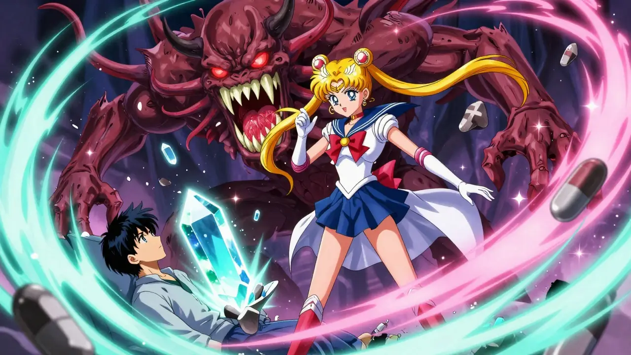 A hero in a lab coat defends a patient from a grapefruit monster using safe statin crystals in a magical battle.