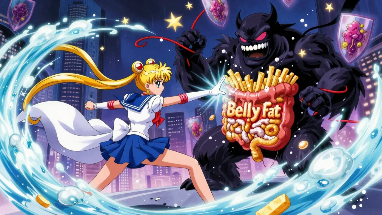 A heroic fiber warrior battles a belly fat monster with glowing shields and starry energy.