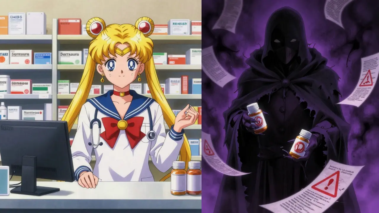 A licensed pharmacist stands beside verified meds while a dark figure hands out empty bottles with crumbling fake reviews.