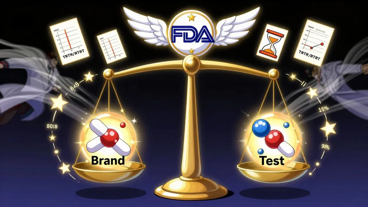 A magical scale balancing brand and test drugs, surrounded by four-period timelines and a glowing FDA emblem.