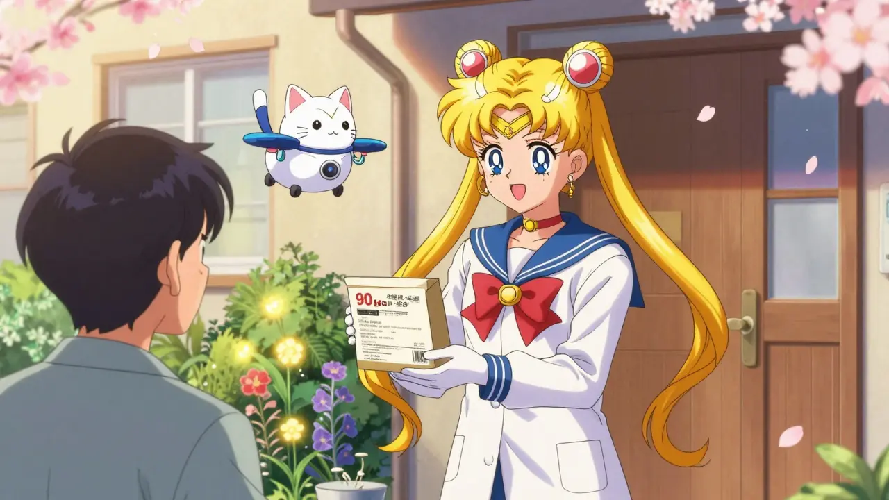 A patient gets a mail-order medication package at home with a cute drone delivery helper.