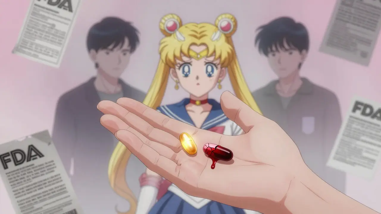 A patient holds two pills—one golden and safe, the other cracked and leaking—as spectral figures fade behind them.