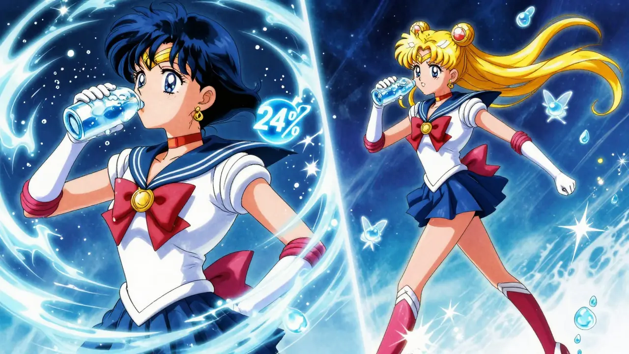 A person drinks cold water, energy waves glowing as their metabolism increases, with sparkles trailing them as they walk with renewed vigor.