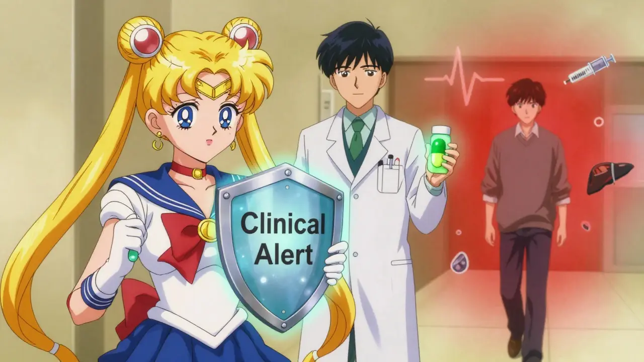 A pharmacist blocks a dangerous drug combo with a clinical alert shield while a patient walks to safety.