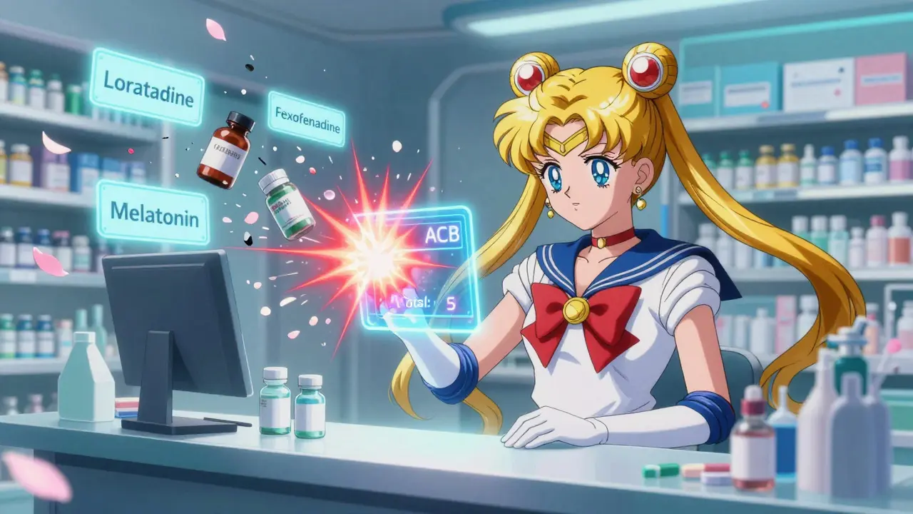 A pharmacist holding a warning ACB scale as dangerous meds shatter into harmless petals.