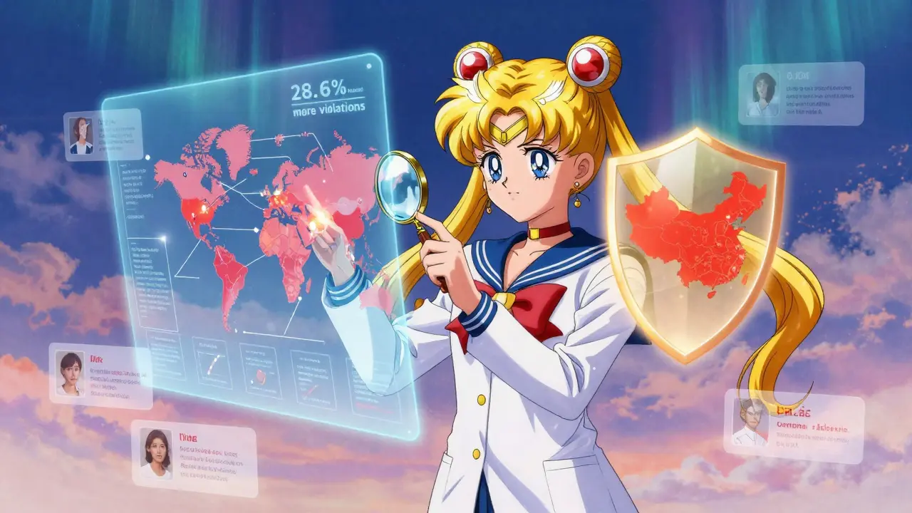 A pharmacist projects a global drug map with warning zones, shielding patients with golden light.