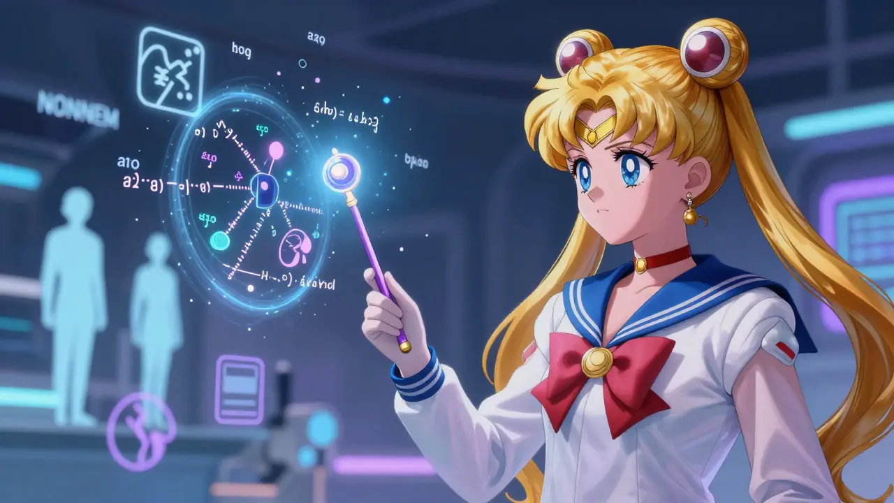 A pharmacometrician projects equations into the air surrounded by patient icons in a futuristic lab.