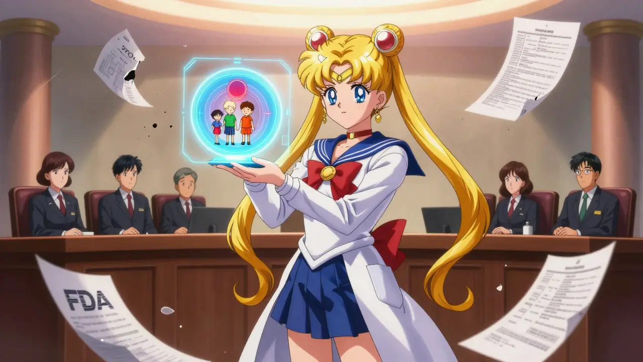 A scientist presents a glowing PopPK model to FDA judges as outdated charts crumble behind her.