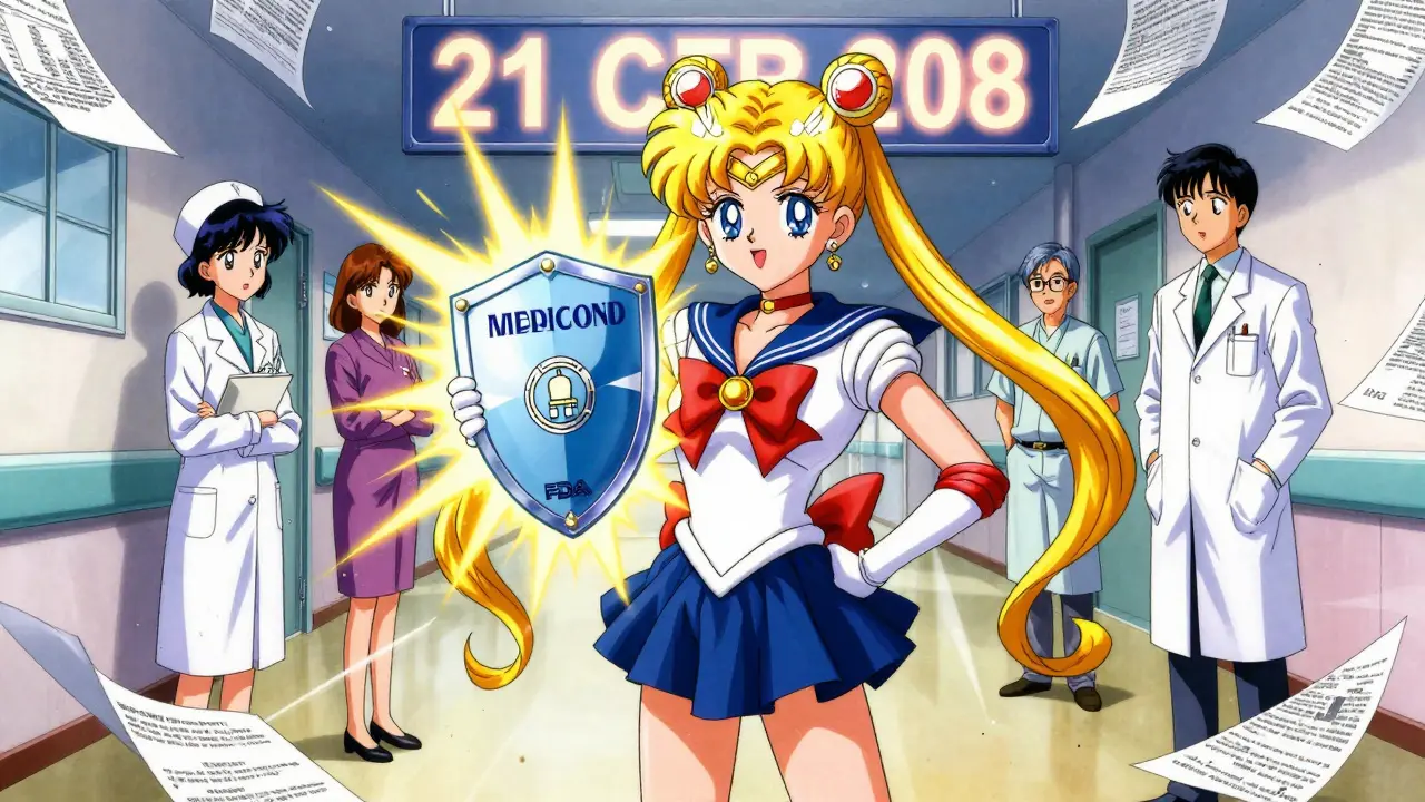 A teen holds a glowing Medication Guide that turns into a shield, confronting confused medical staff.