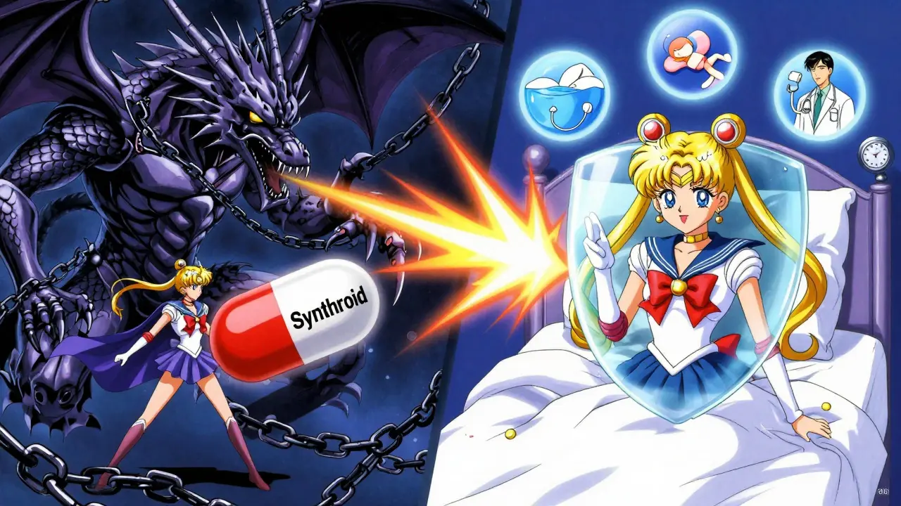 A thyroid pill battling an iron dragon in a magical split-panel scene, shielded by apple juice and a bedtime clock in anime style.