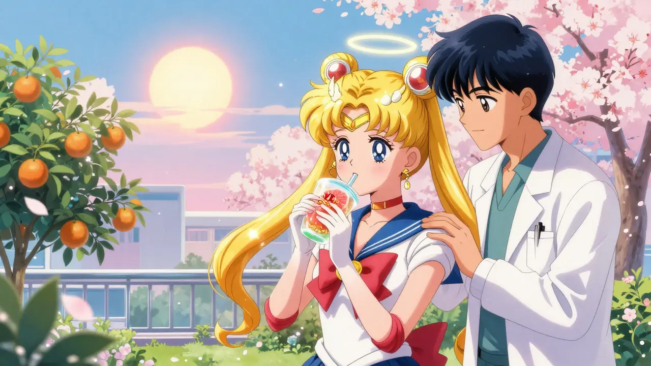 A woman sips a glowing UF Sweetie grapefruit while her doctor smiles, surrounded by safe citrus trees and cherry blossoms.