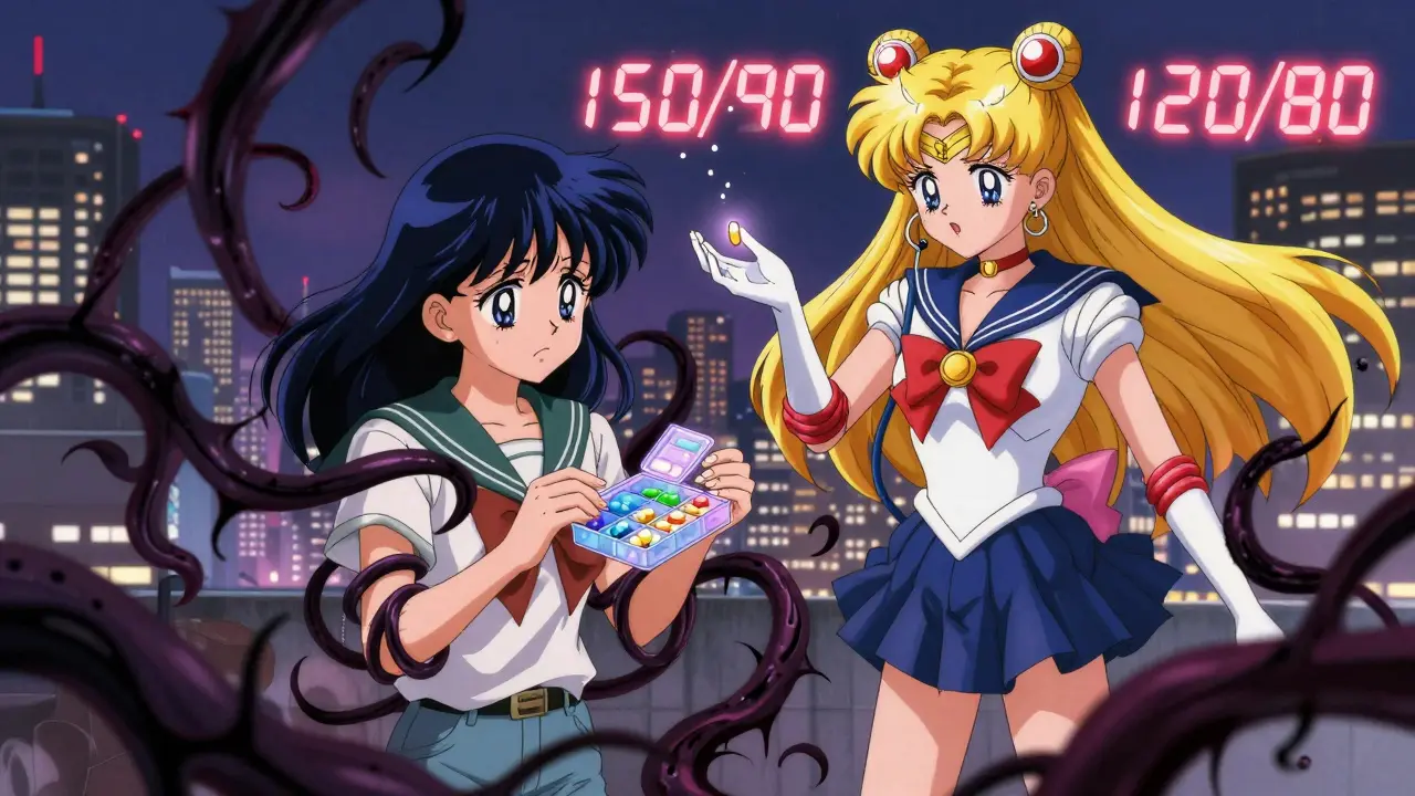 A young person overwhelmed by multiple pills, rescued by a superheroine offering a single combination pill.