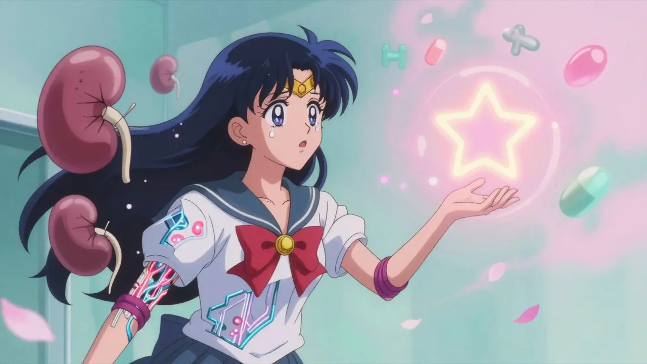 A young woman with glowing nerve damage and floating kidney shards reaching for a healing star-shaped pill.