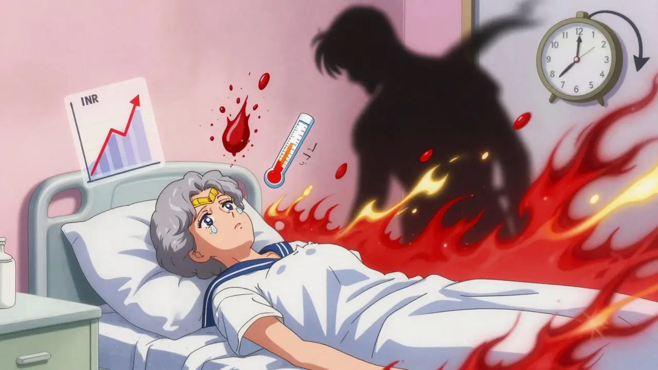 An elderly woman collapsing in her kitchen as medical warning icons explode around her.