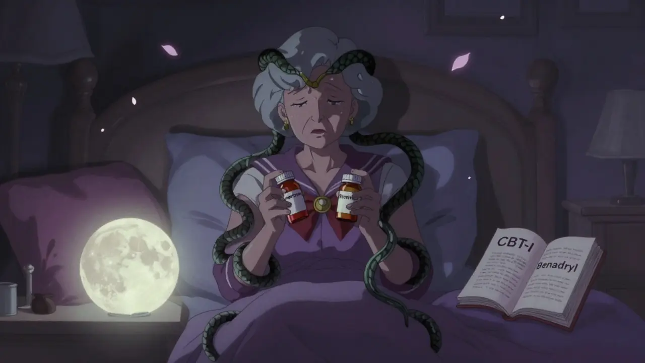 An elderly woman surrounded by shadowy vines from pills, with safe alternatives glowing nearby.