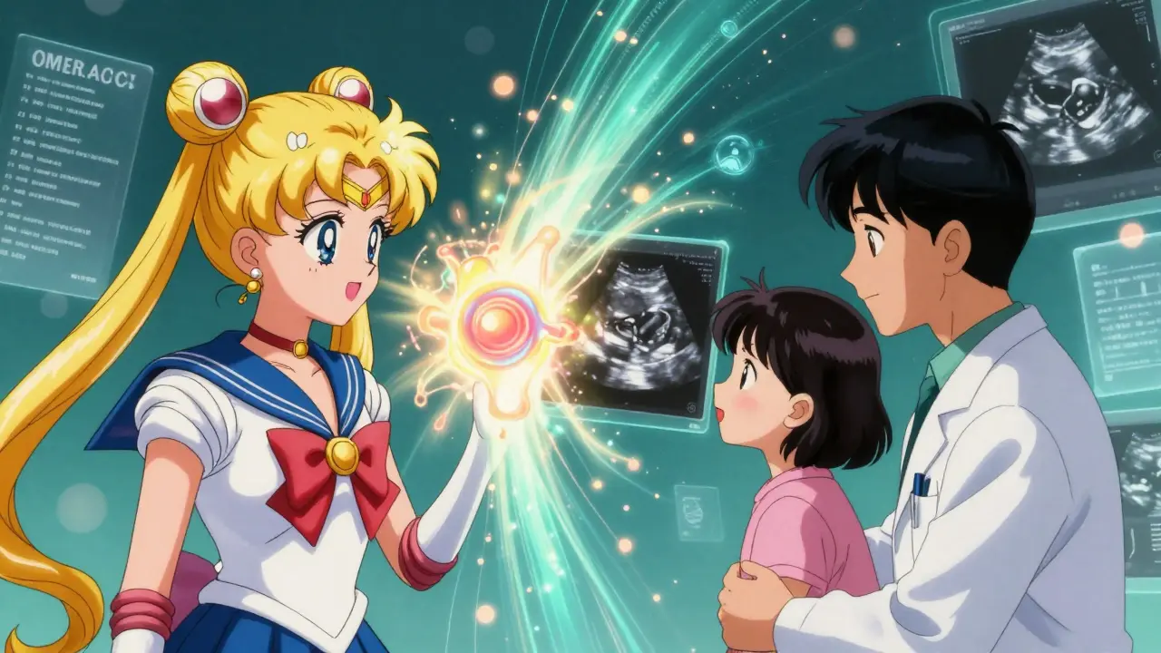 An ultrasound scan transforms into a radiant joint with magical energy streams, viewed by patient and doctor.